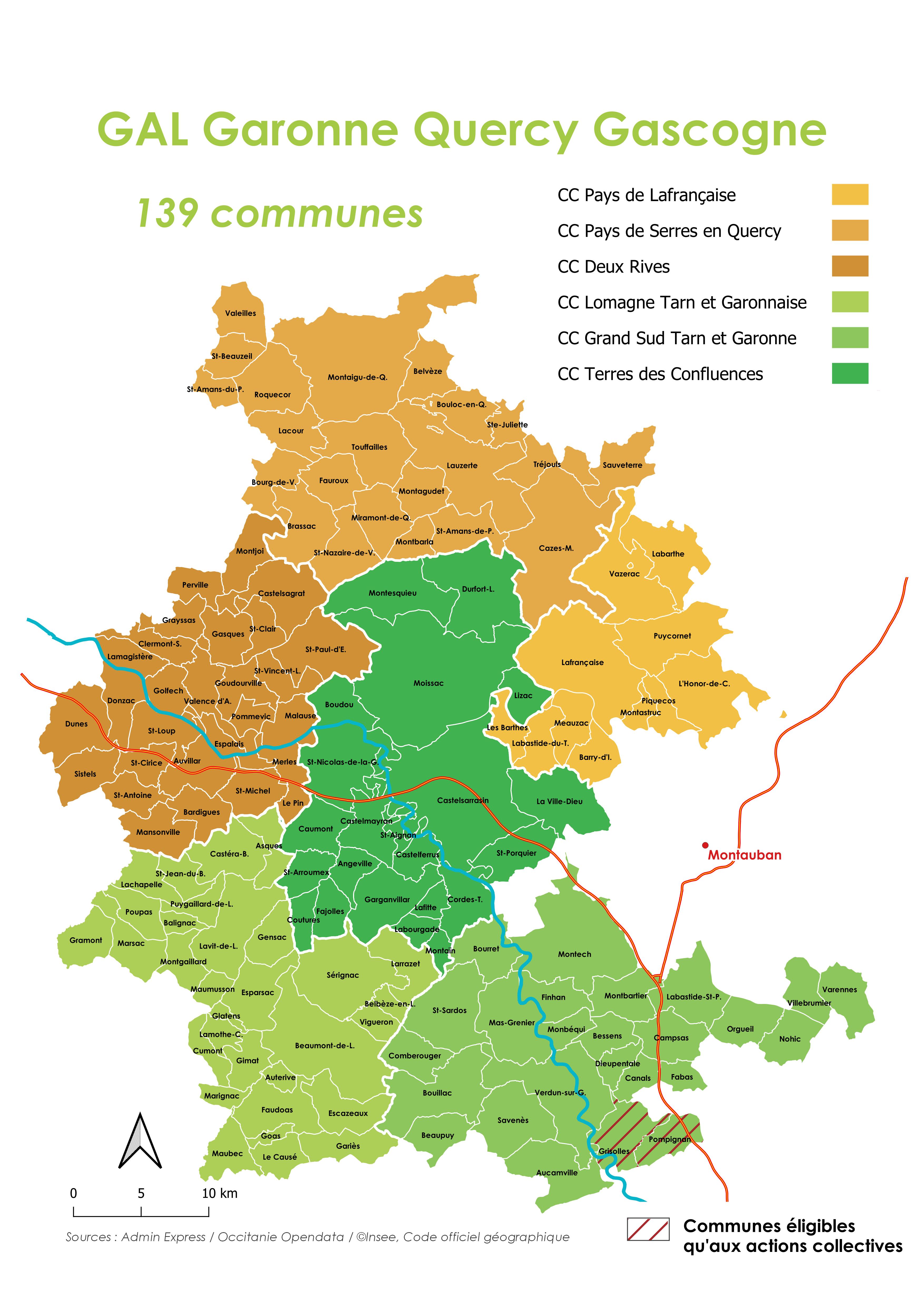 Carte du périmètre GAL Garonne Quercy Gascogne pour la programmation 2023-2027