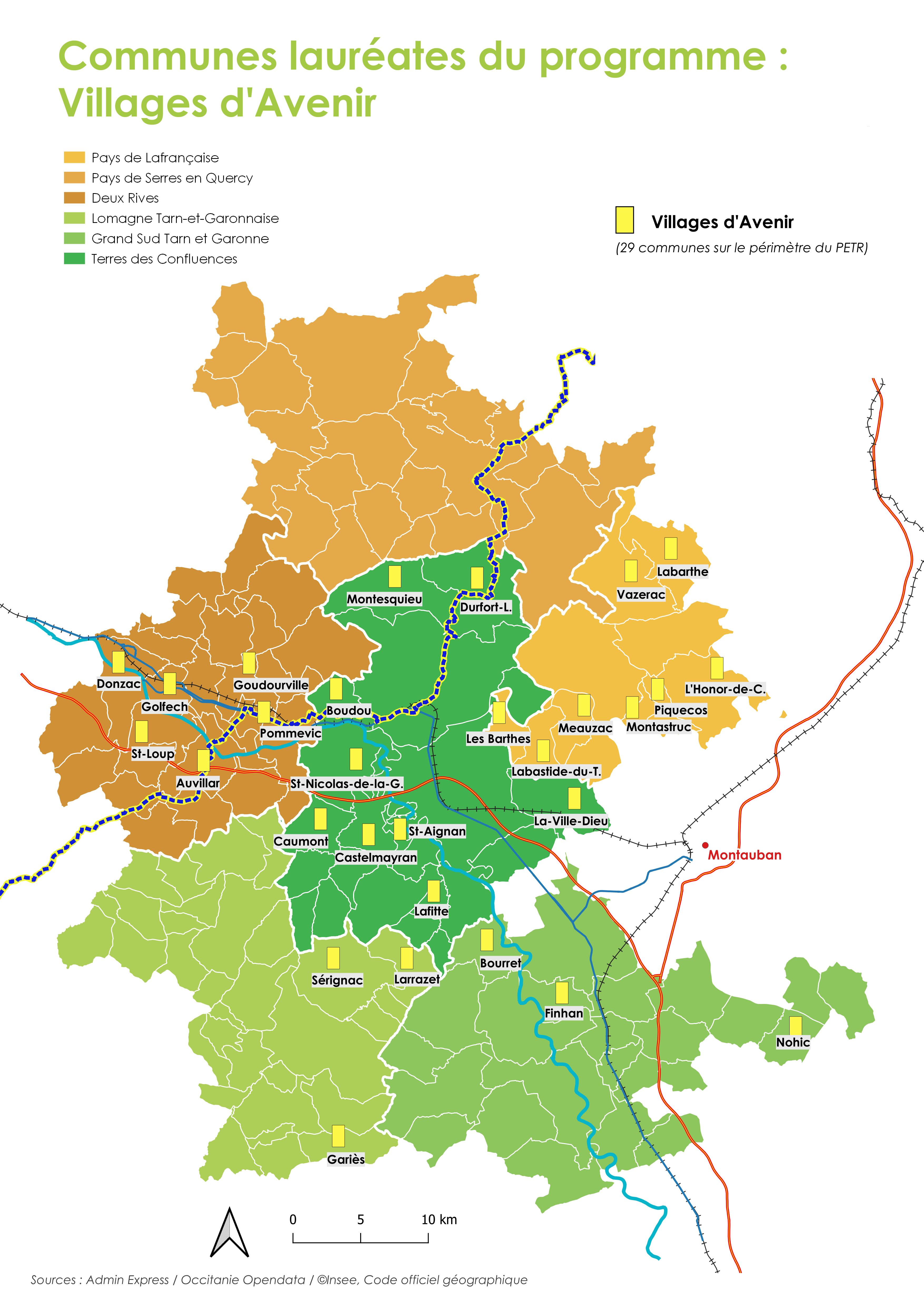 Carte des communes lauréates Villages d'Avenir sur le PETR - AAP 2023