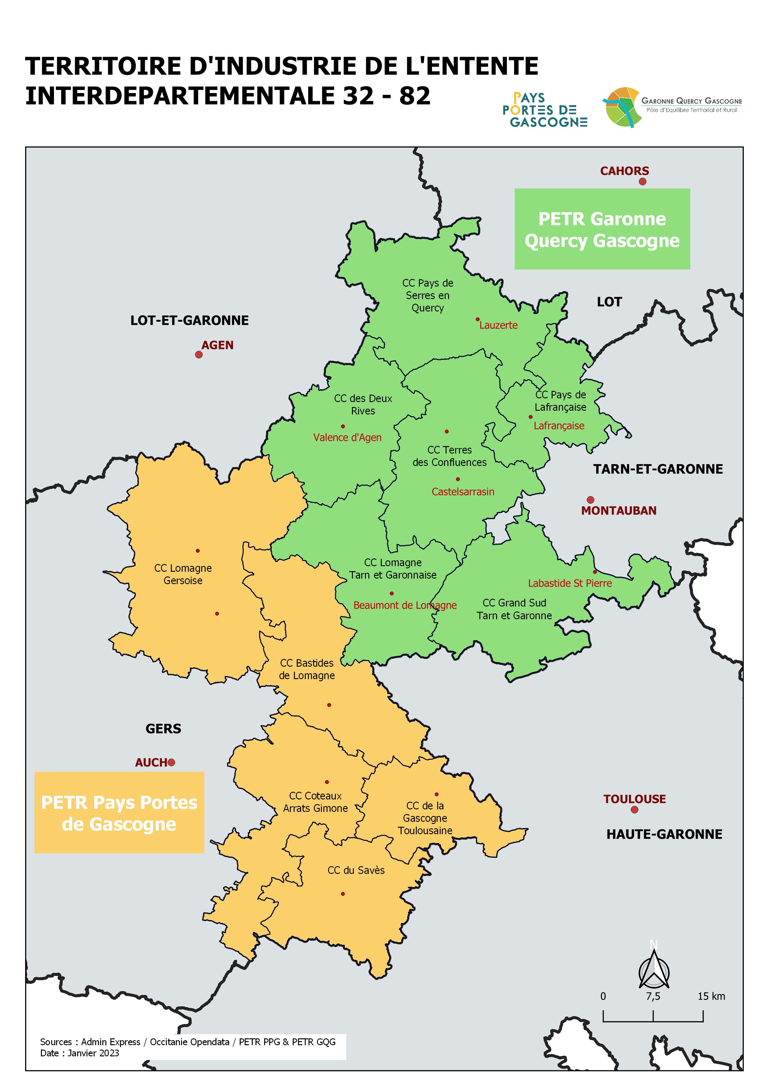 Carte présentant le périmètre des deux PETR adhérant au programme Territoire d'Industrie 32-82 : le PETR Pays Portes de Gascogne et le PETR Garonne Quercy Gascogne